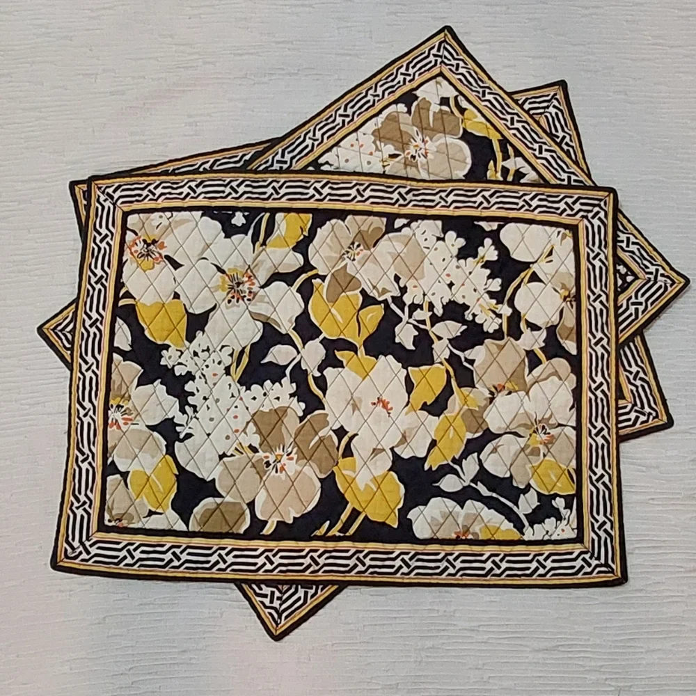 Vera Bradley Floral Quilted Placemats in Black, Yellow, & Cream Set Of 4